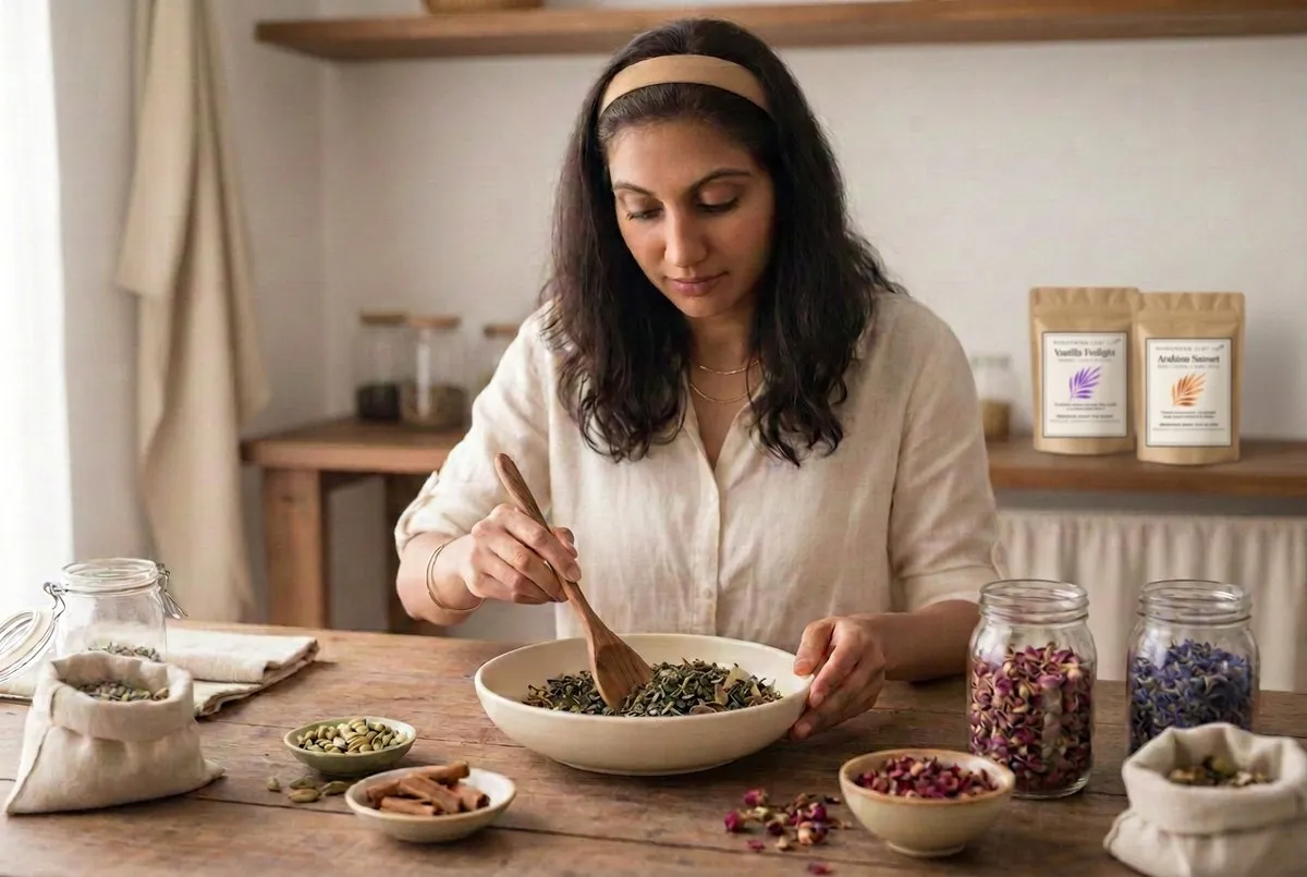Alisha Bourassa blending loose leaf tea for Wandering Leaf Co in South Surrey