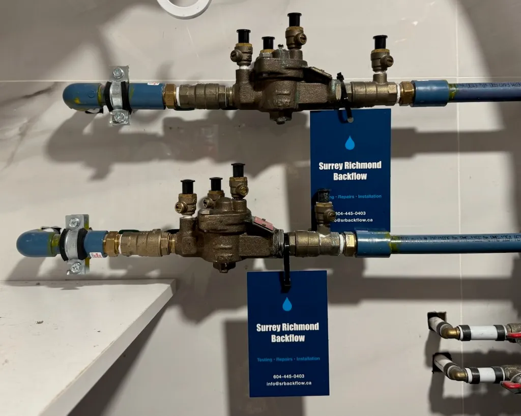 Two backflow preventers tagged with Surrey Richmond Backflow Testing Ltd testing, repairs and installation cards